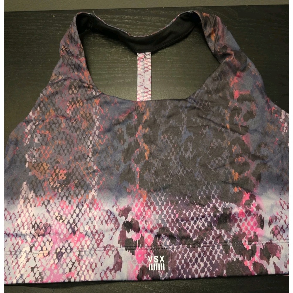 Victoria Secret VSX Lg Sports Bra Gray Pink Snakeskin Print Racerback Cage Back
